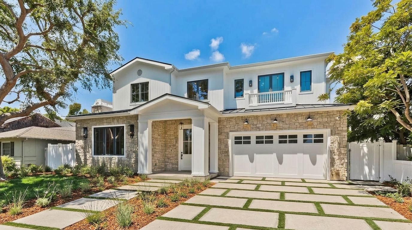 Freshly painted two story home with white board and batten siding and stone veneer in Santa Monica