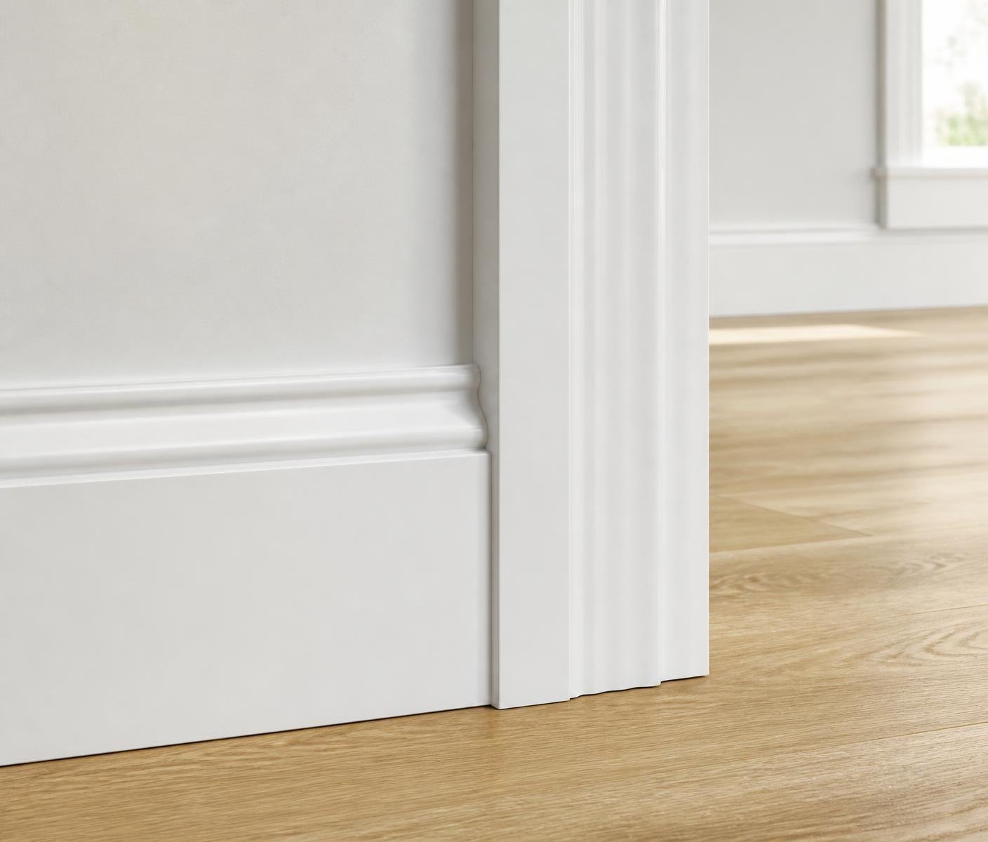 Close up of sprayed white baseboard and door casing with a smooth enamel finish