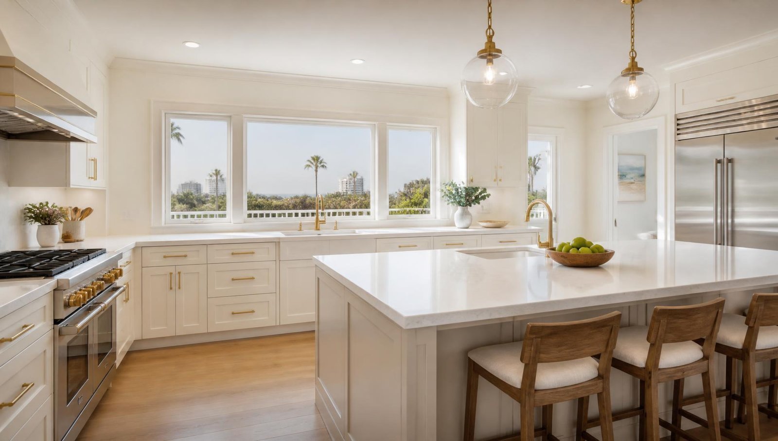 Coastal kitchen with freshly painted off white cabinets, brass hardware and a large island