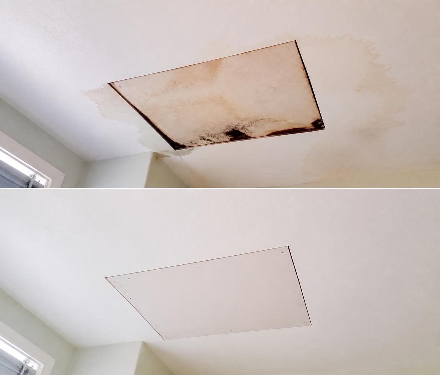 Water stained ceiling with the damaged section cut out and a new drywall patch fitted