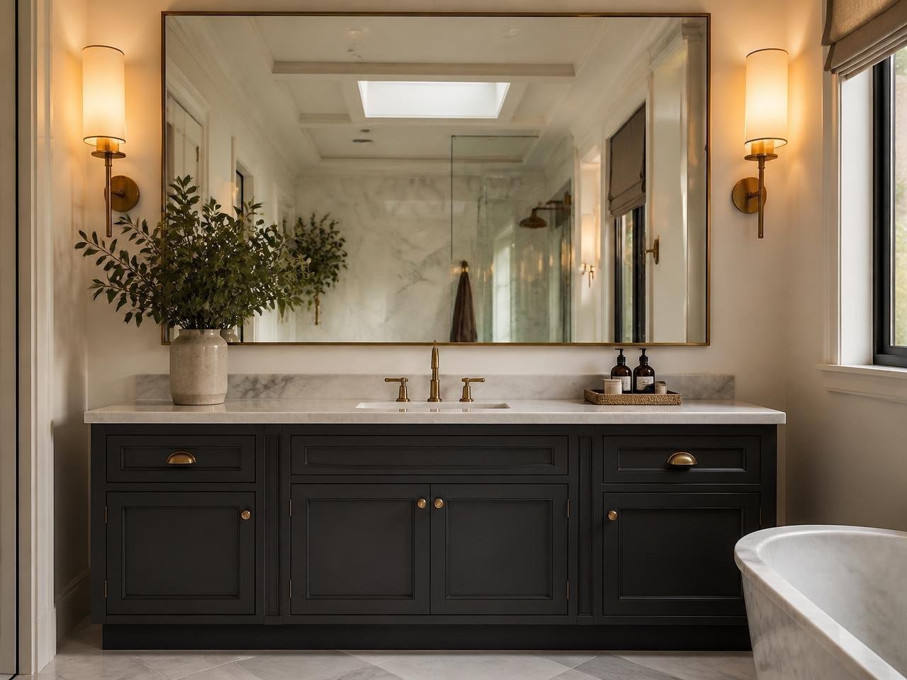 Bathroom vanity with charcoal painted cabinet doors and brass fixtures