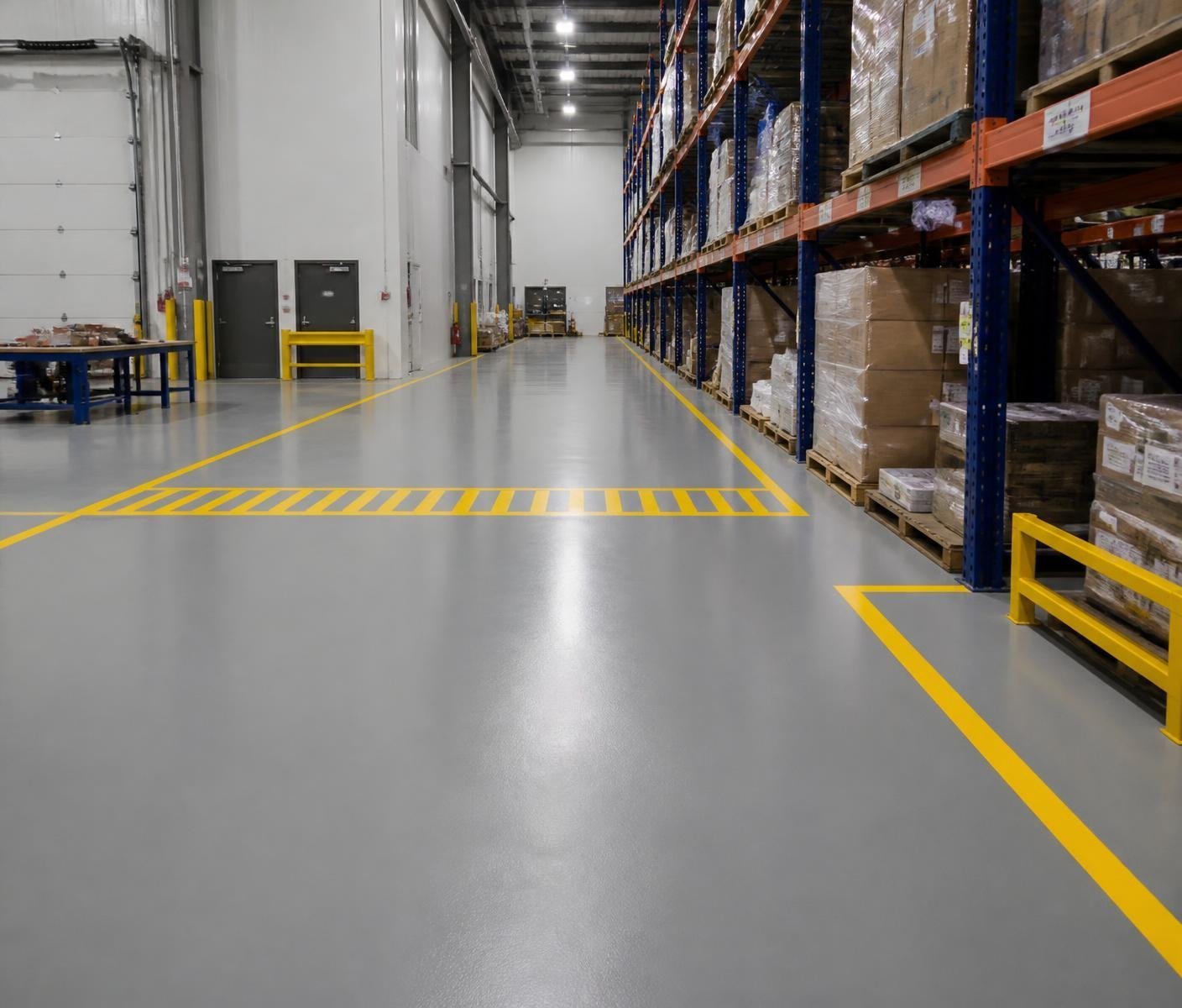 Warehouse aisle with a solid gray epoxy floor and yellow safety striping