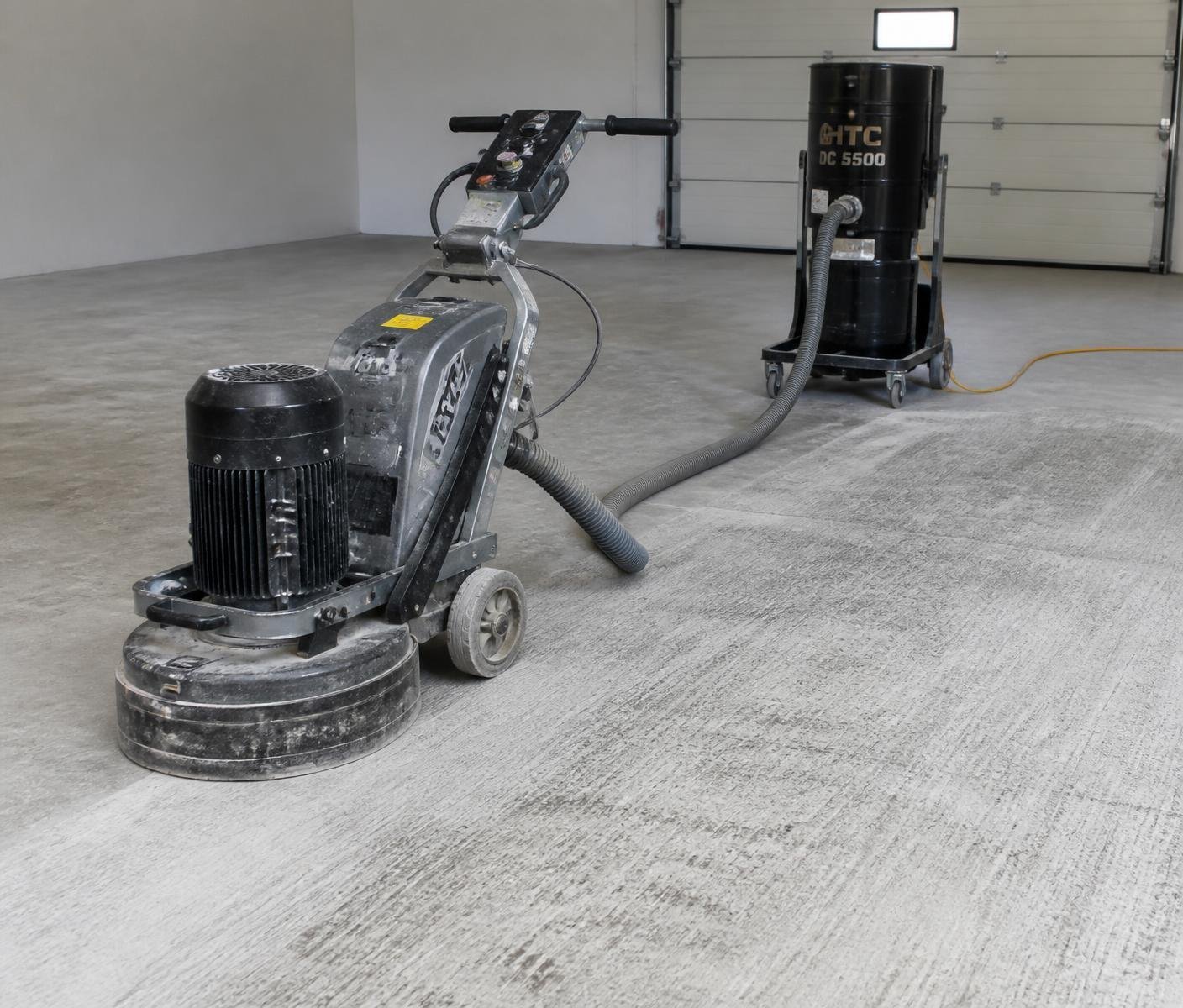Concrete grinder and dust vacuum on a bare slab prepped for an epoxy coating