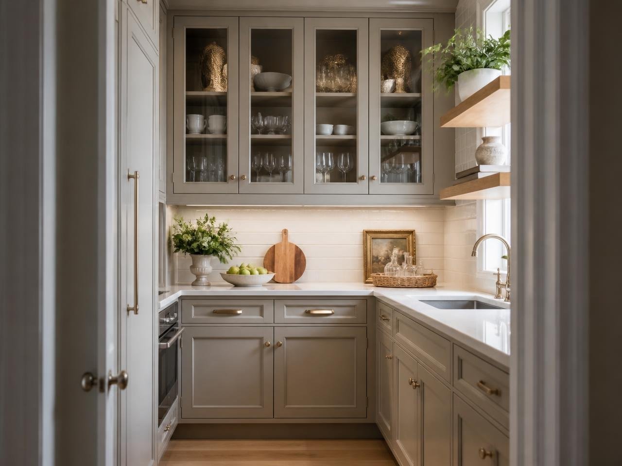 Butler pantry with greige painted cabinetry and glass front upper doors