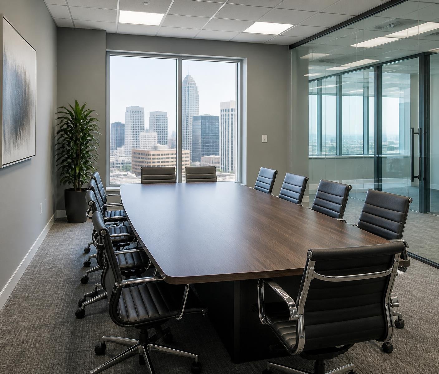 Conference room with soft gray painted walls, long table and city view
