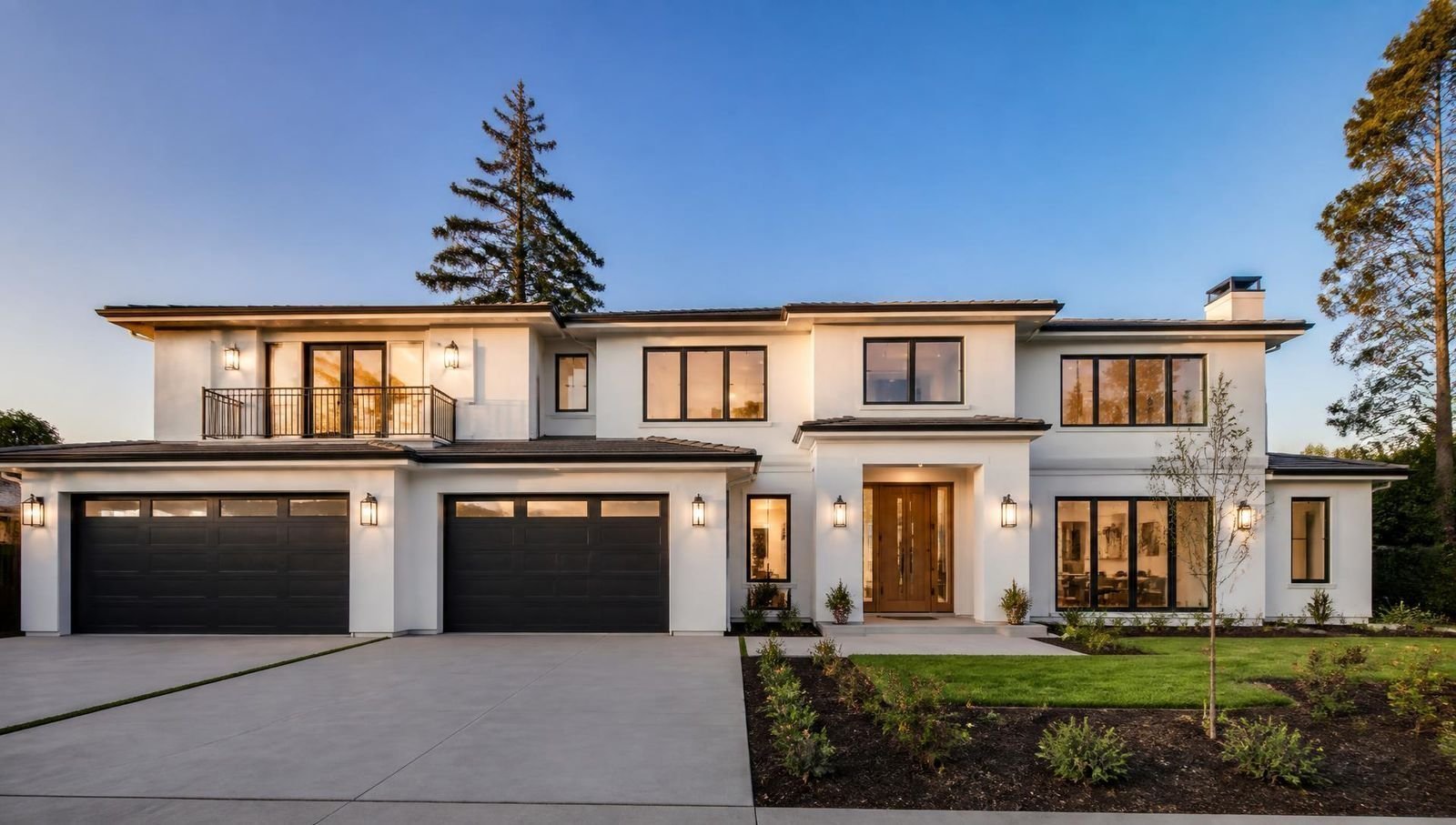 Newly built two story white stucco home with black windows at dusk, freshly painted exterior