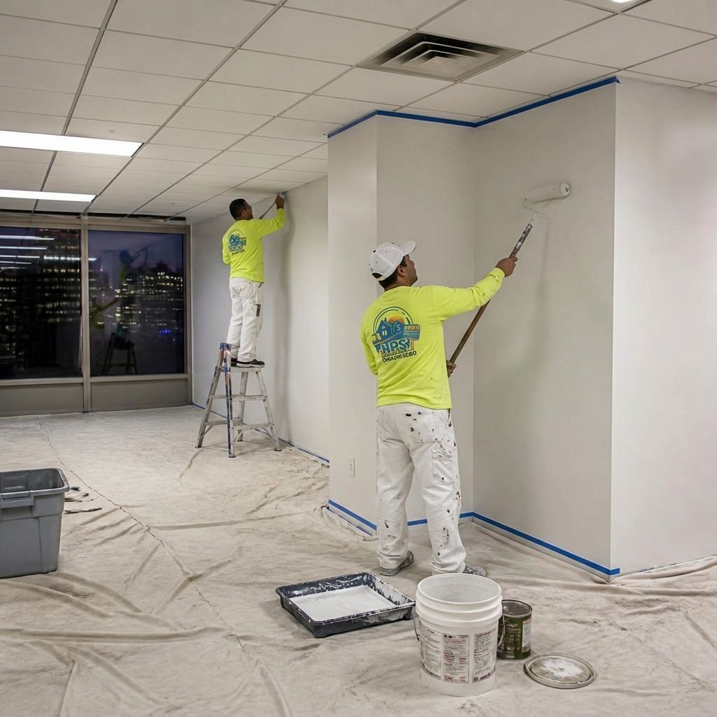 Anaya's Painting crew in neon yellow shirts and white painter pants rolling walls in an office suite after hours