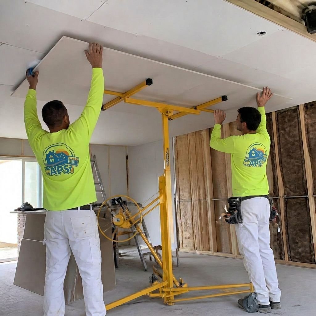 Two workers in neon hi-vis shirts lifting a sheet of drywall onto a ceiling with a panel lift