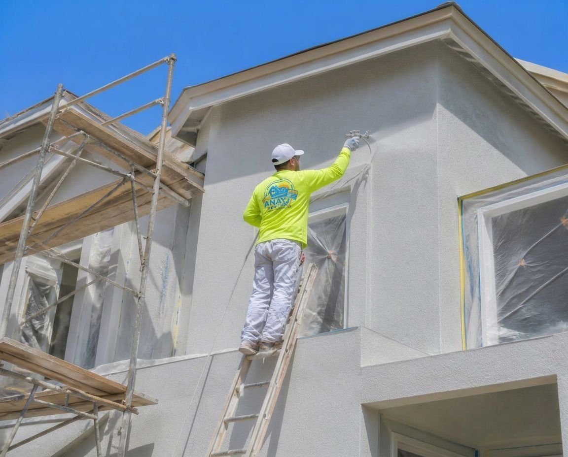 Anaya's Painting painter in a neon yellow shirt spraying the stucco exterior of a new home