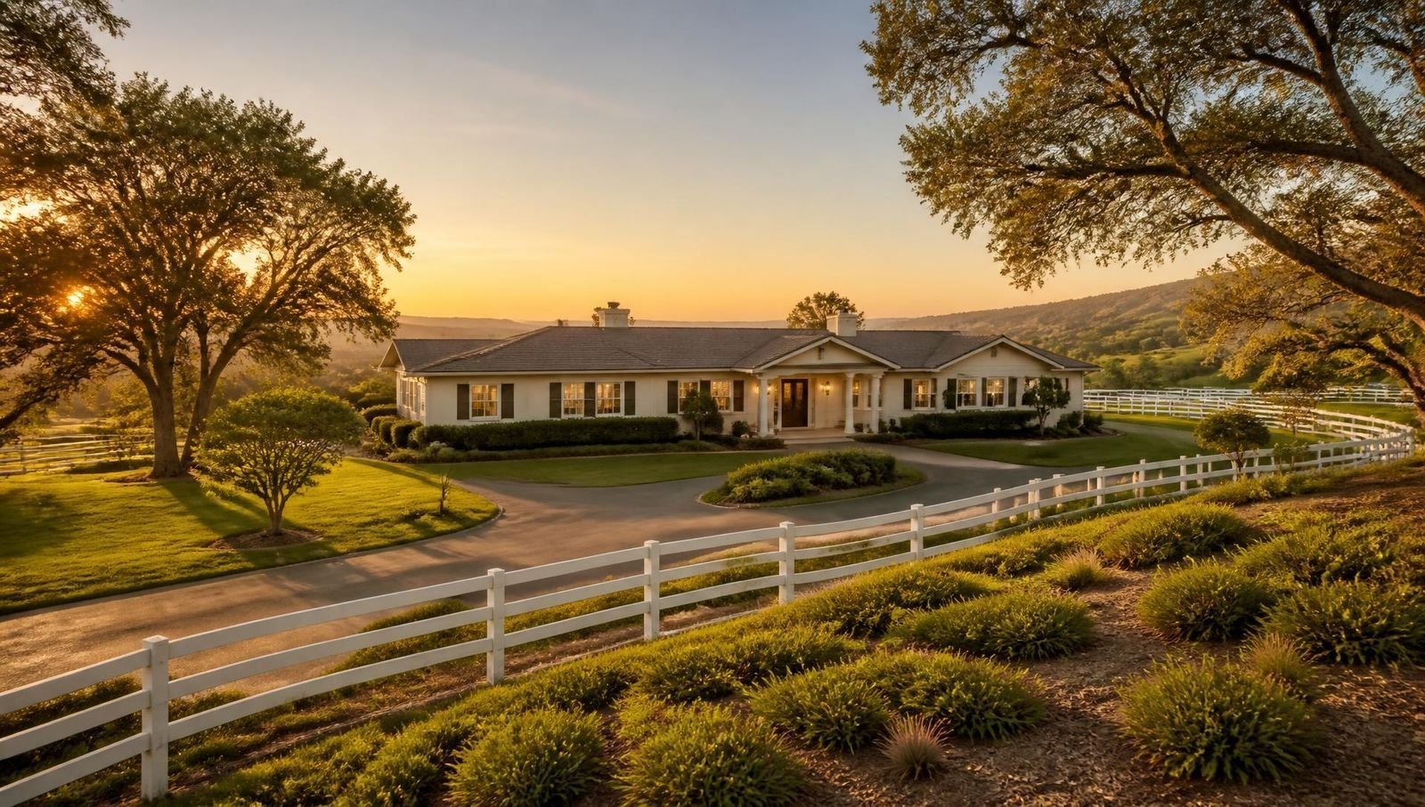 Single story ranch estate with fresh cream paint and white rail fencing on a hilltop lot