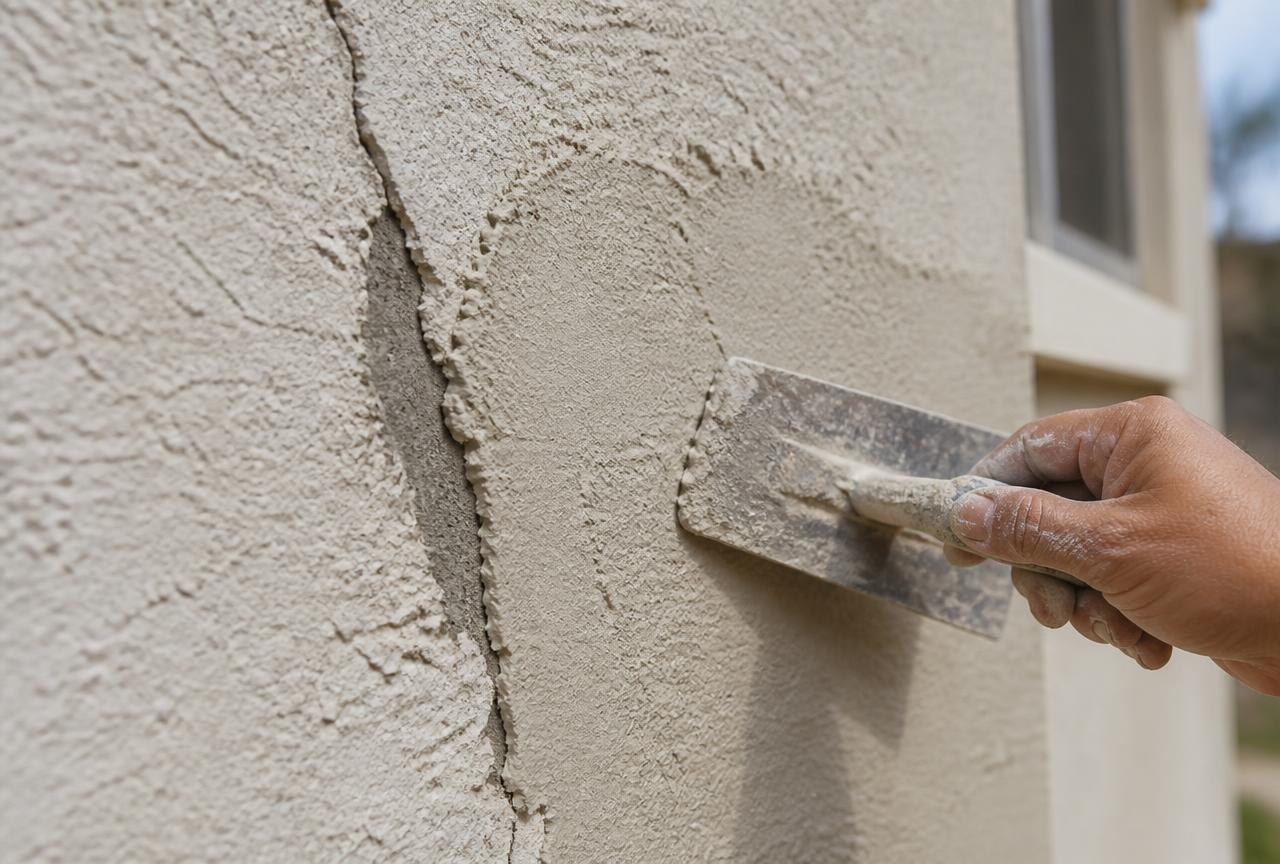Close up of a stucco crack being patched and textured by hand