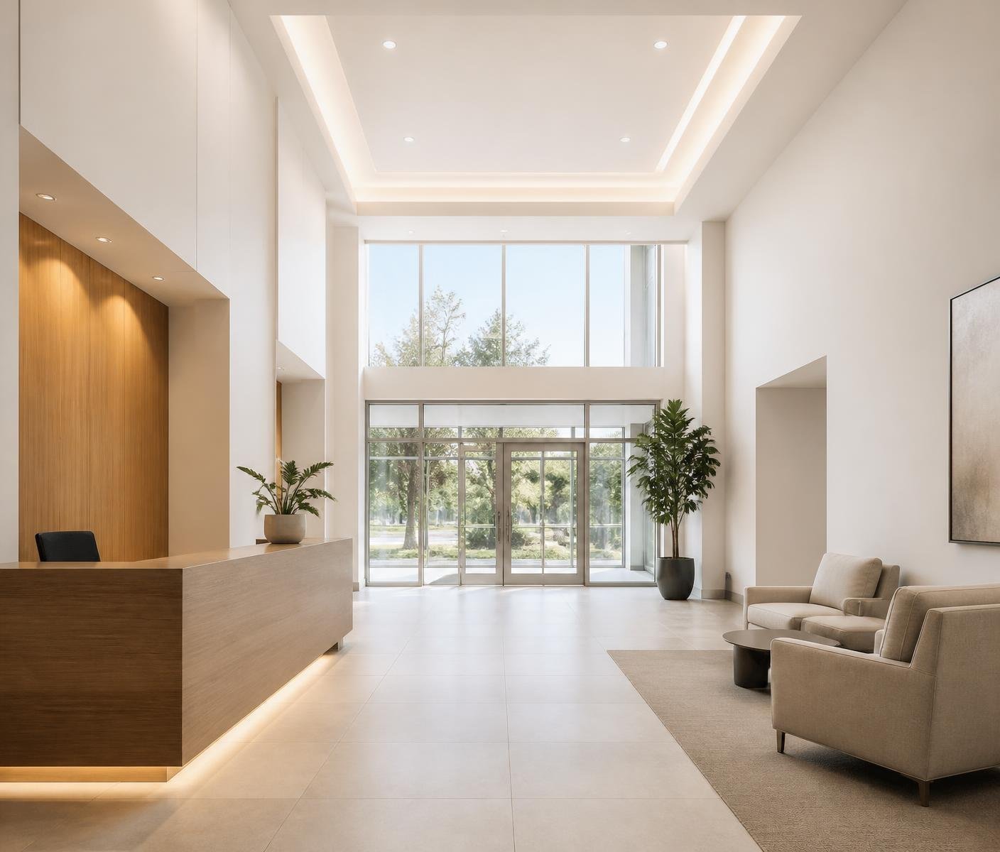 Bright office lobby with freshly painted warm white walls, wood reception desk and glass entry