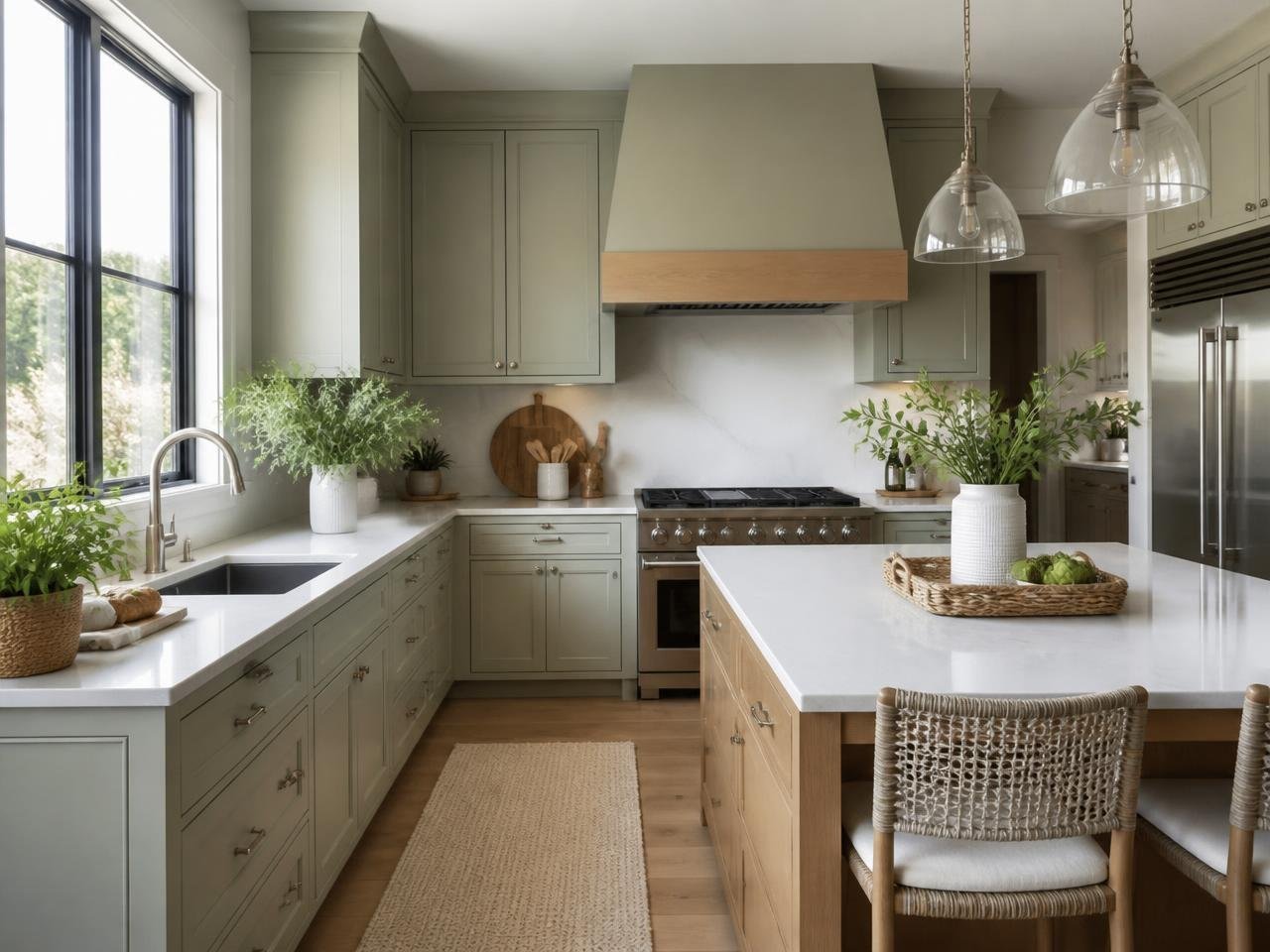 Kitchen with soft sage green painted cabinets, white oak island and nickel hardware