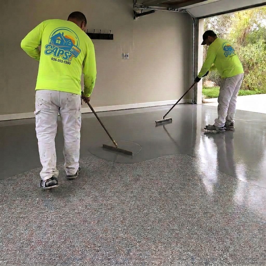 Two installers in neon hi-vis shirts spreading epoxy coating with squeegees across a garage floor