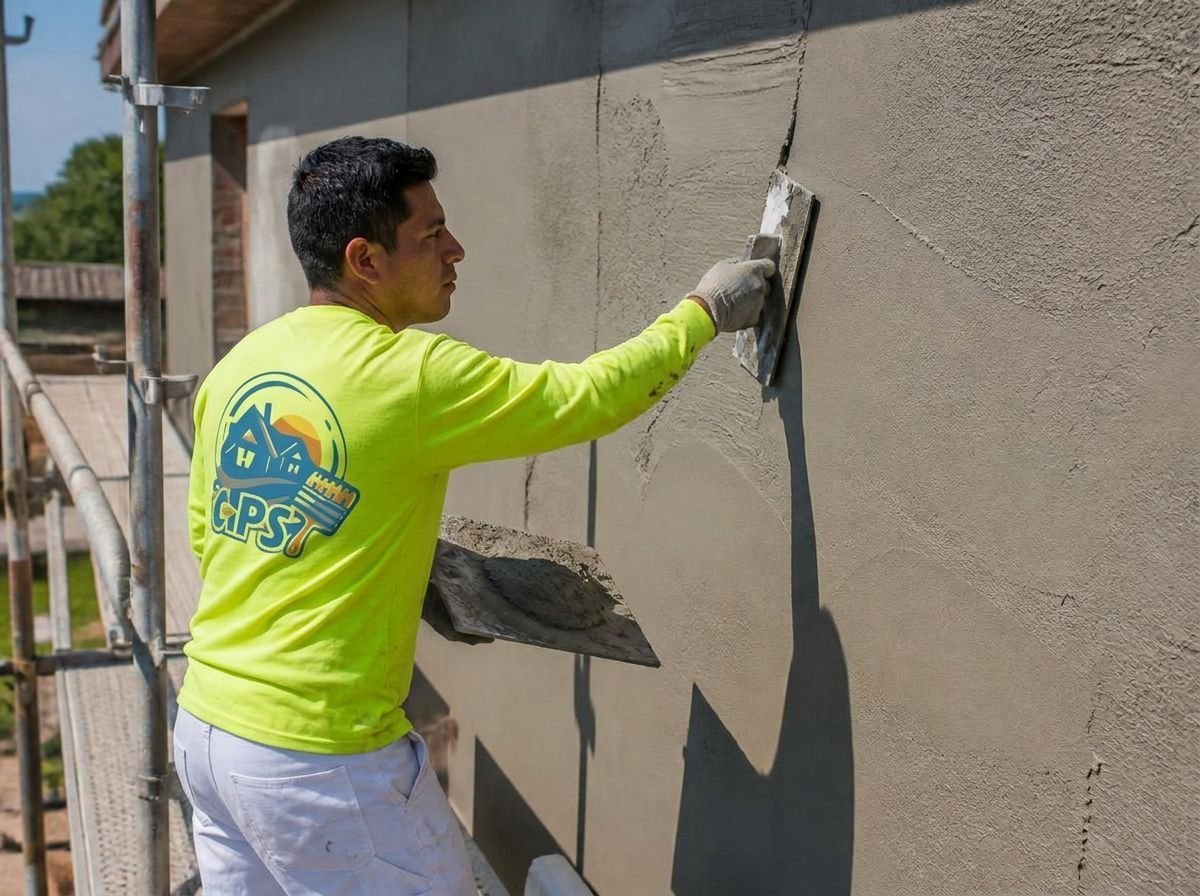 Plasterer troweling a fresh coat of stucco onto an exterior wall from a scaffold
