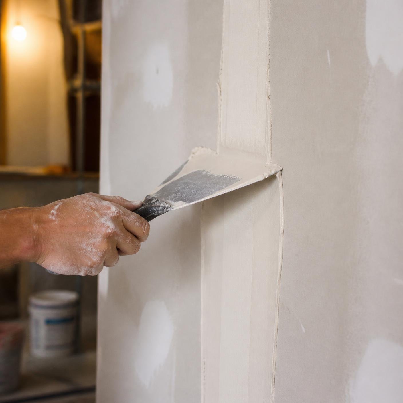 Taping knife spreading joint compound over a drywall seam