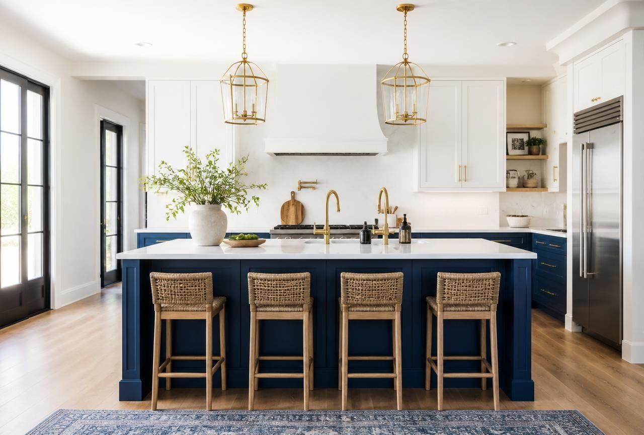 Navy painted kitchen island cabinets