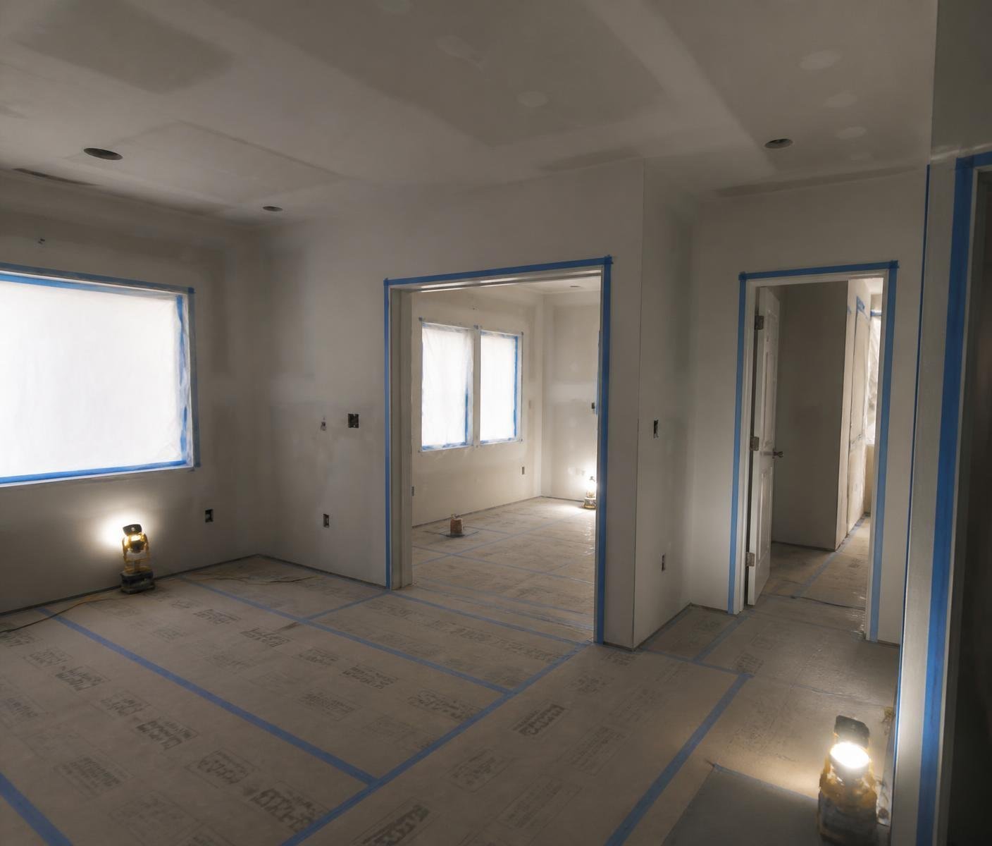 New construction rooms masked with floor paper, taped door frames and work lights