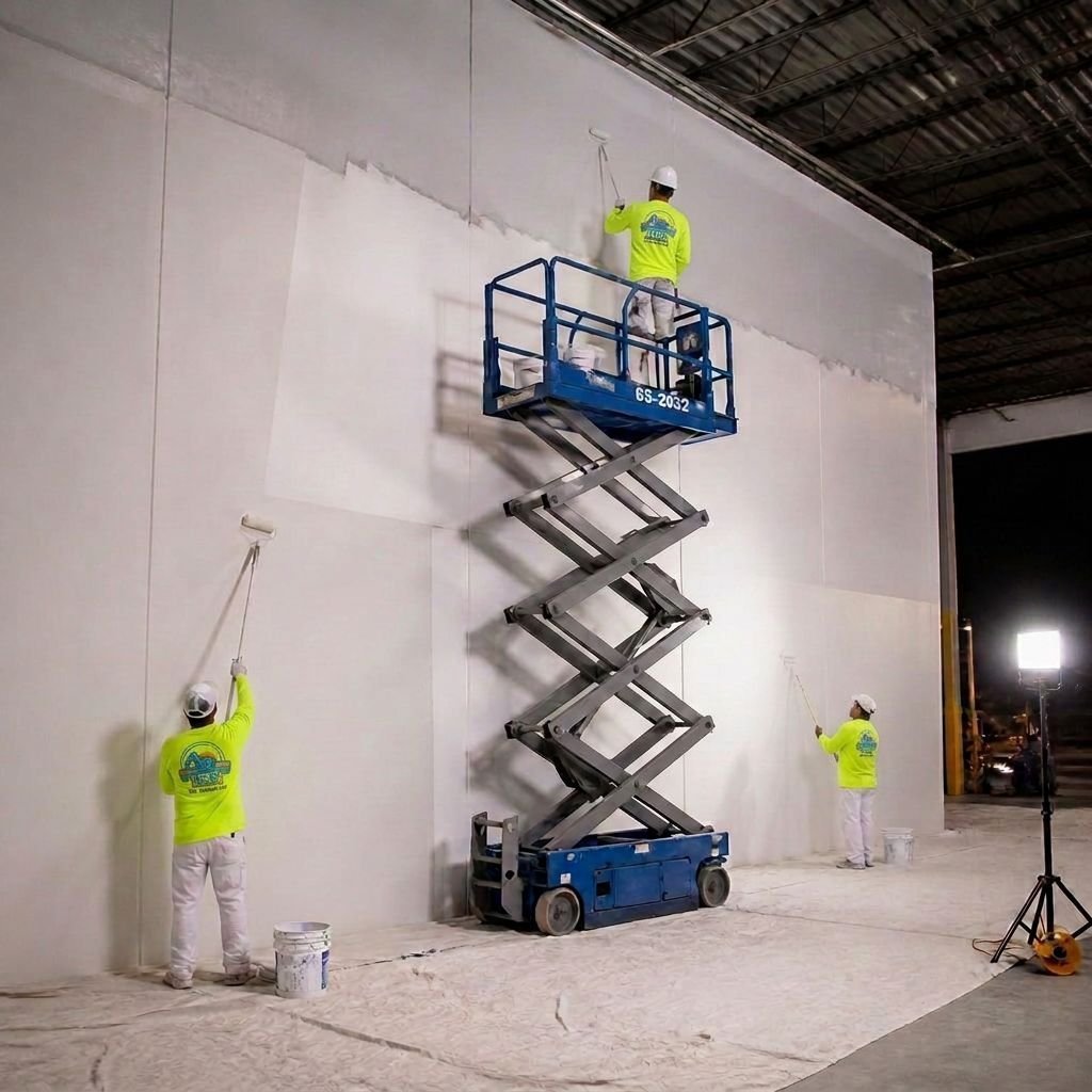 Painting crew rolling a tall warehouse wall from a scissor lift under work lights at night