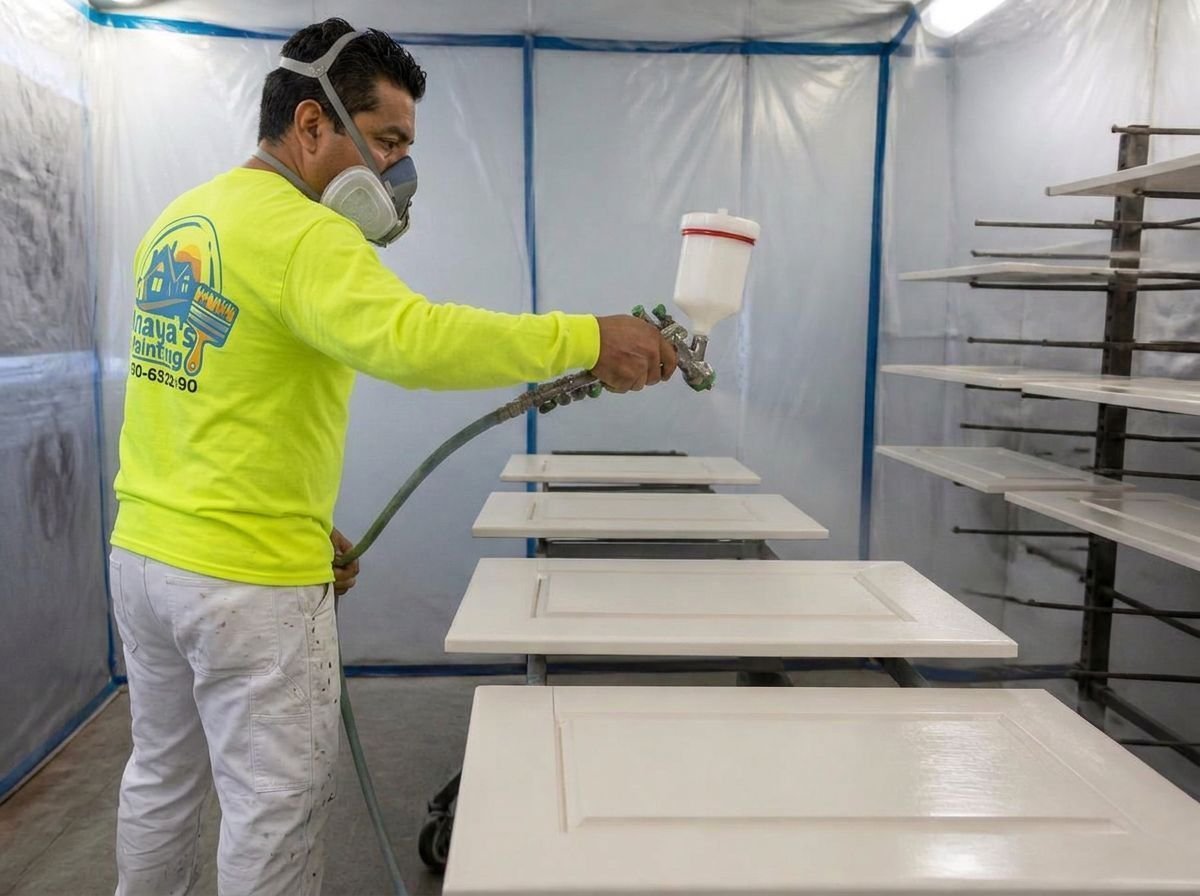 Anaya's Painting craftsman in a neon shirt spraying cabinet doors in a sealed spray booth