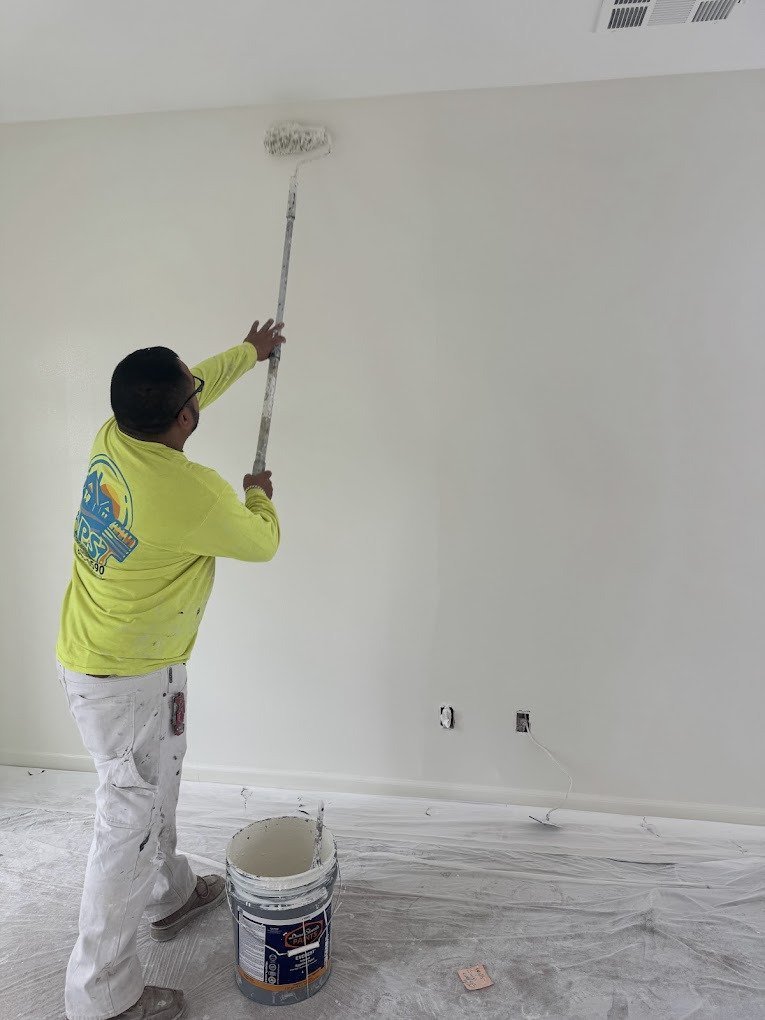 Interior of a ranch home with freshly painted walls and trim