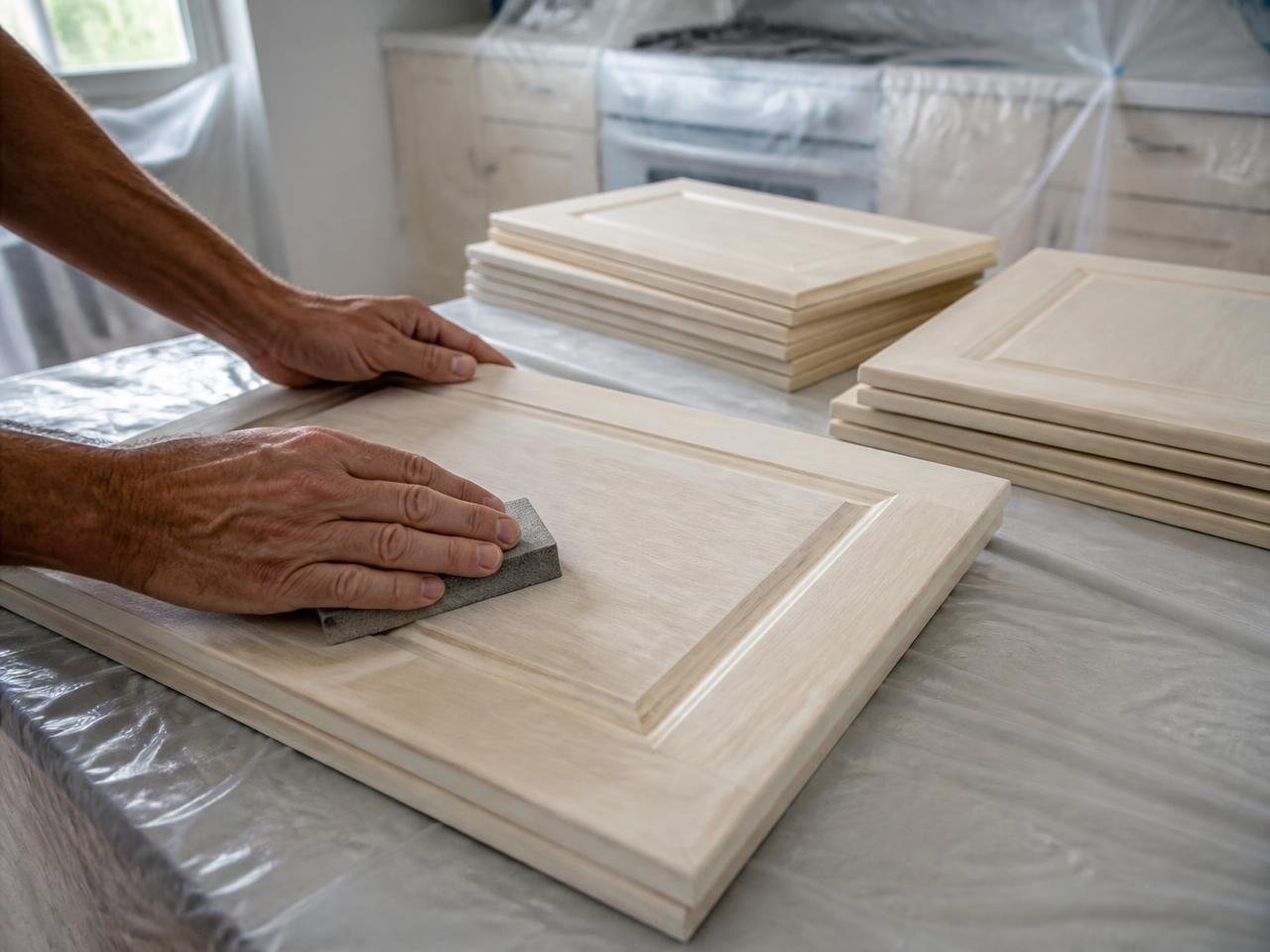 Hands sanding a cabinet door on a covered work table with labeled doors stacked nearby