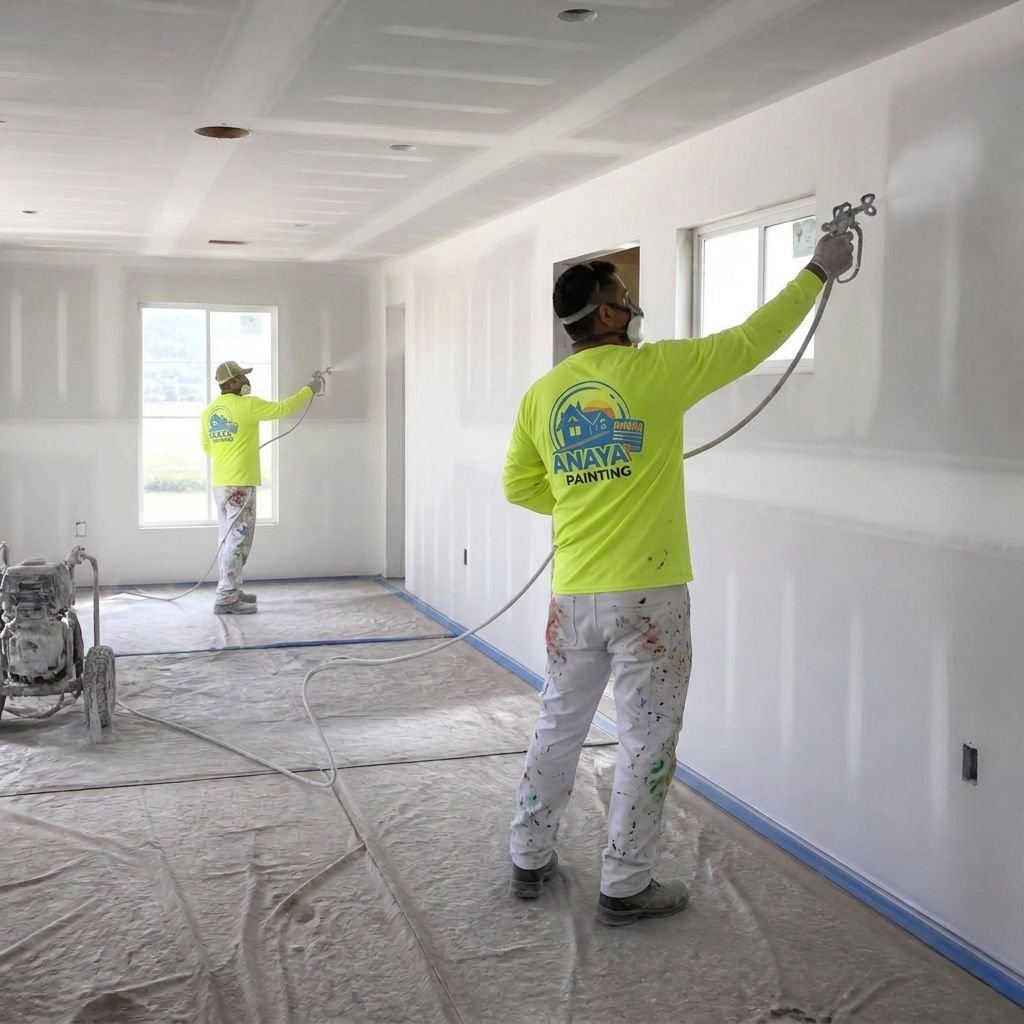 Two painters in neon hi-vis shirts spraying primer on new drywall inside a house under construction