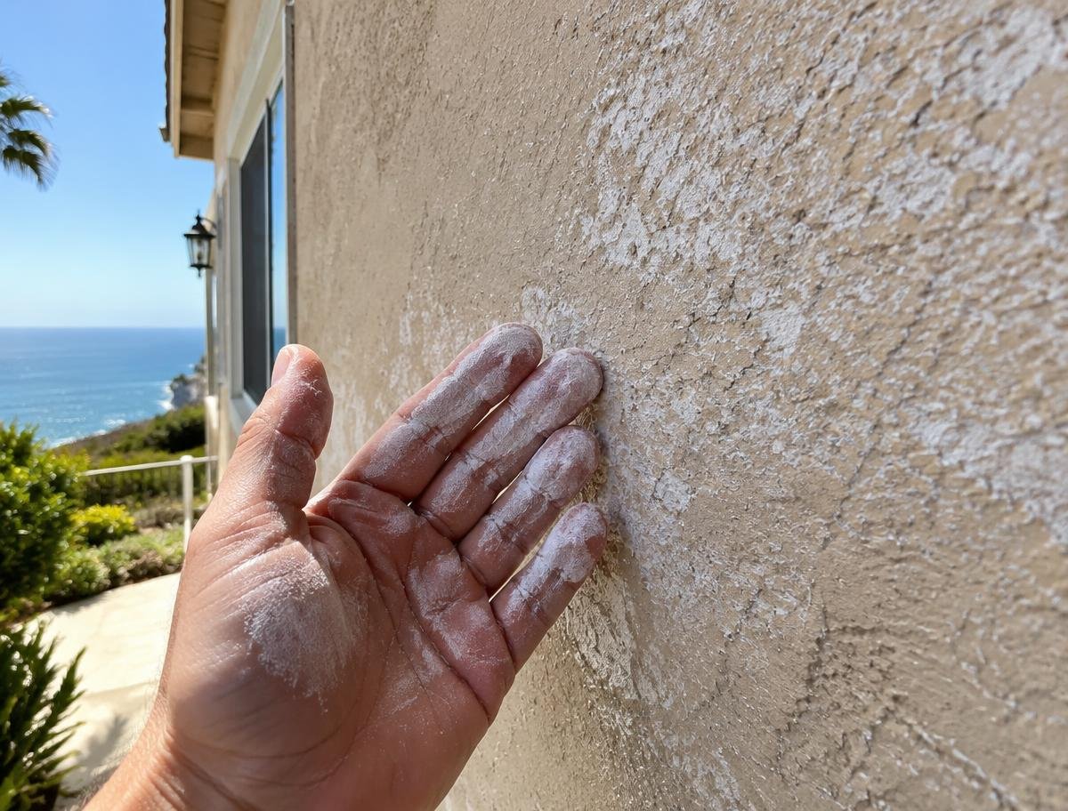 Hand wiping white chalk off faded stucco paint on an ocean facing wall