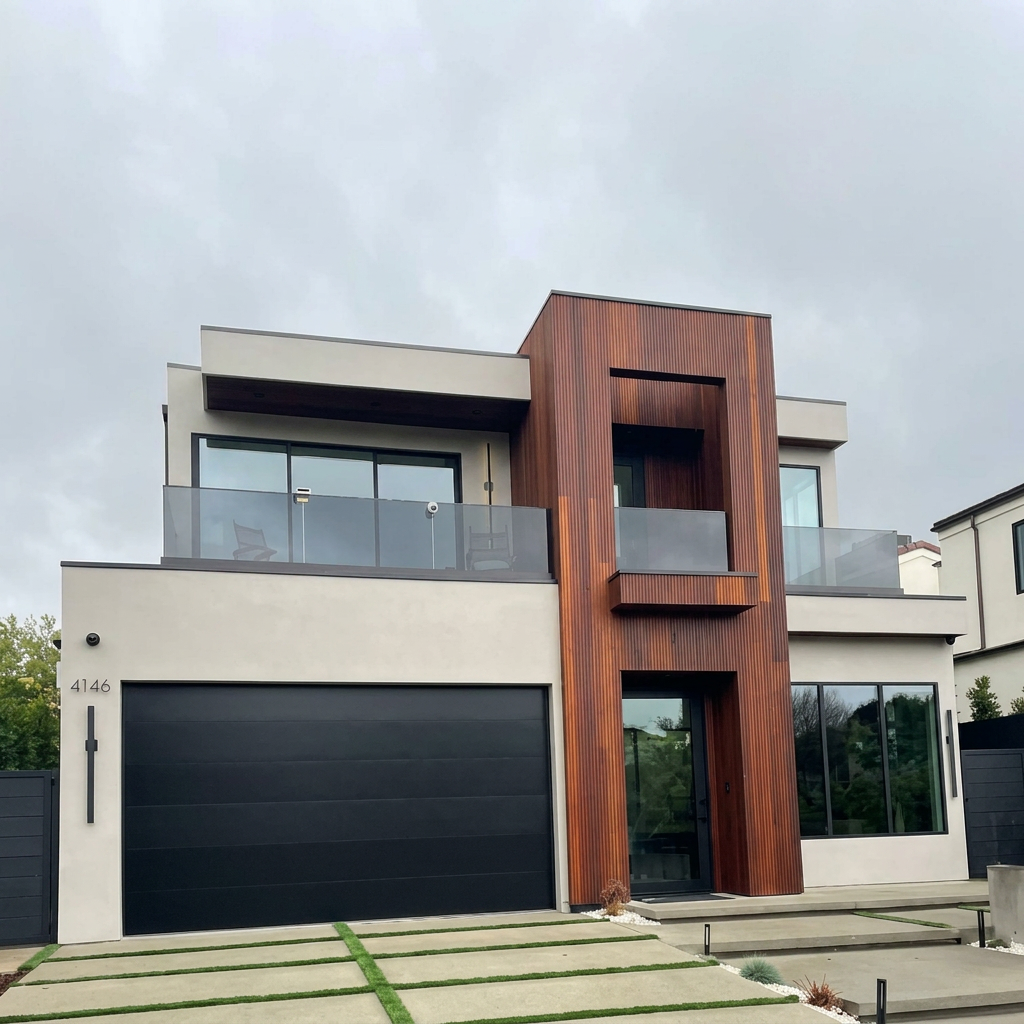 Hillside modern home with freshly painted exterior and clean lines